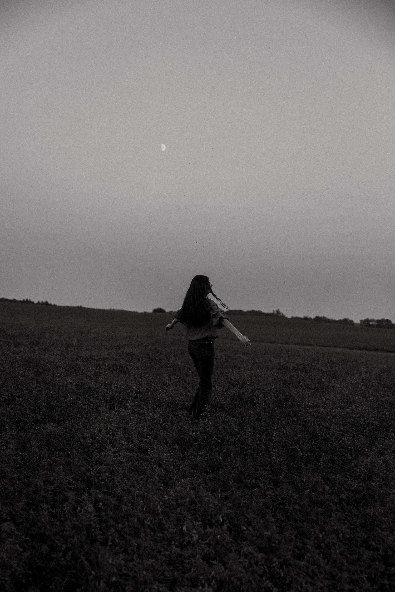 A silhouette of a person with long hair spinning in a field at dusk with a faint moon visible in the cloudy sky.