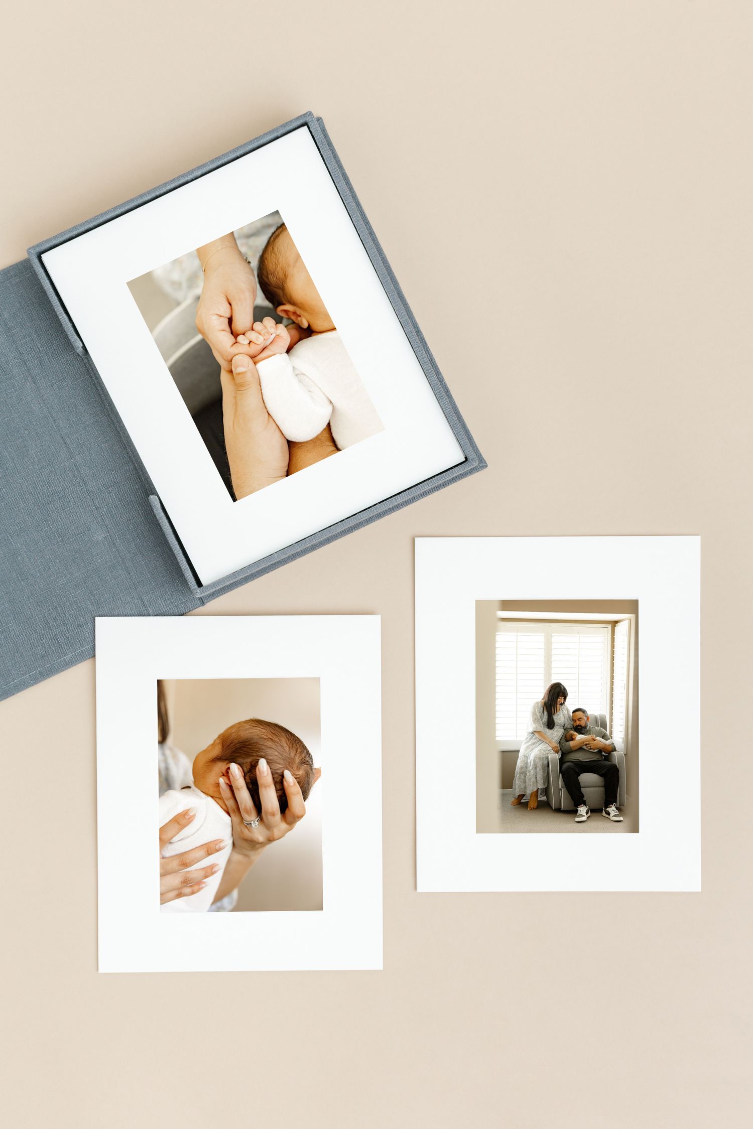 Three minimalist photo frames displayed on a neutral background showing intimate family moments.