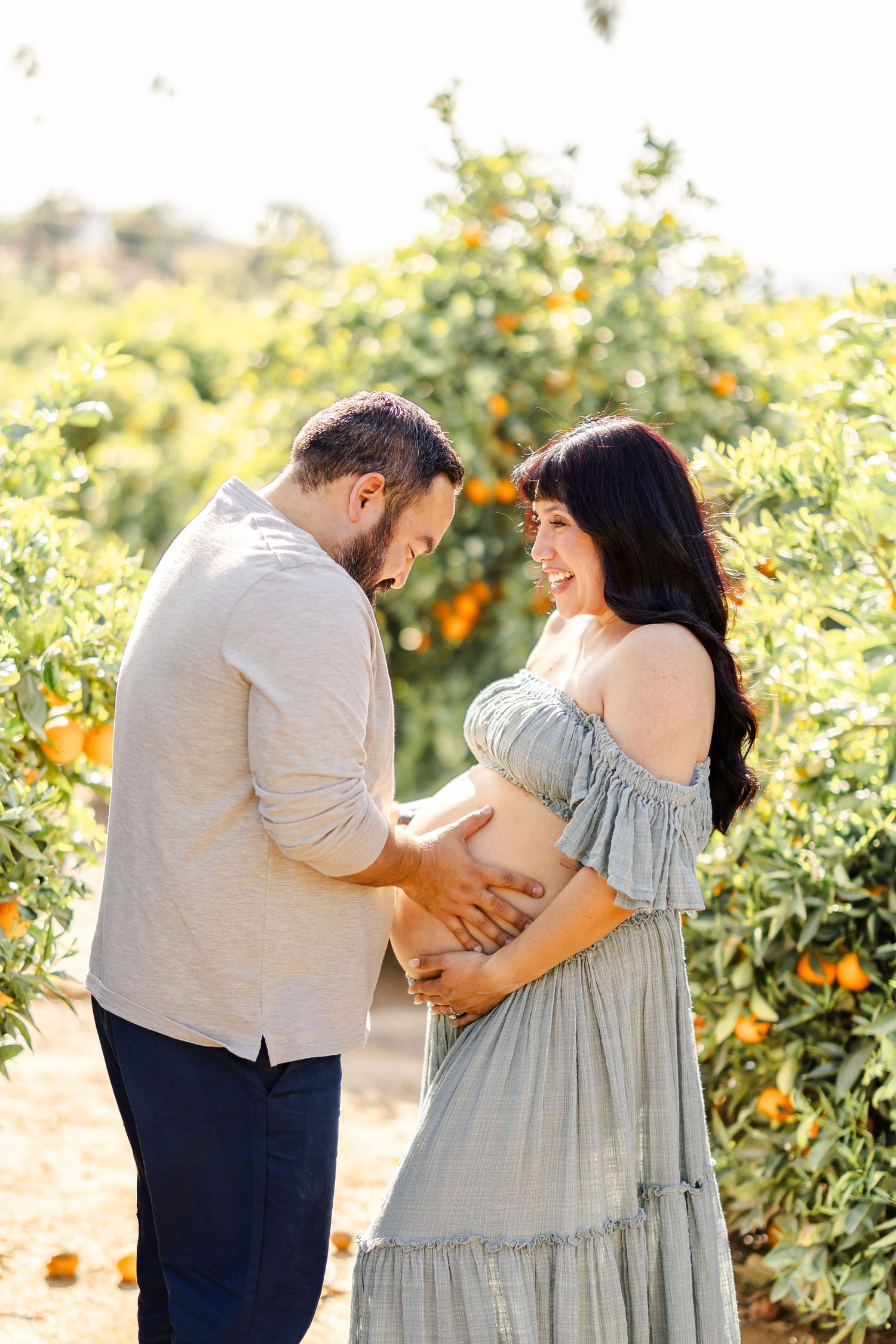 A romantic maternity photo shoot in a sunny orange grove with an expecting couple in soft, natural lighting.