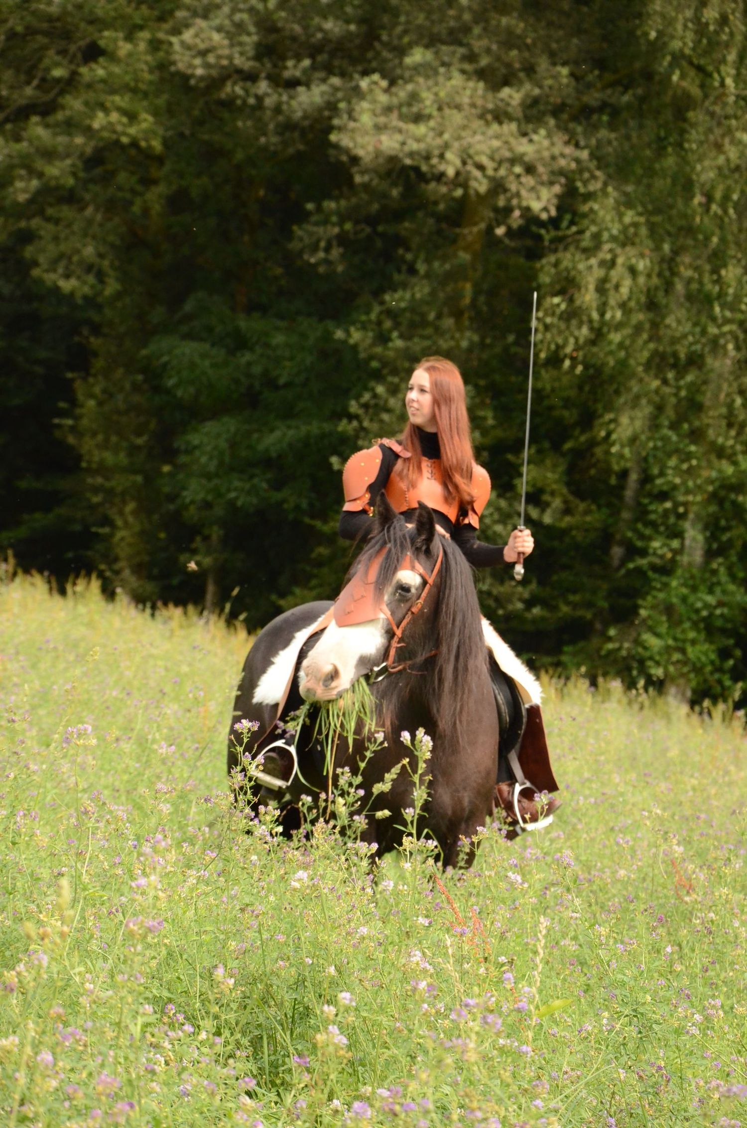 Cavalière montant son cheval dans les hautes herbes, regard tourné vers la gauche