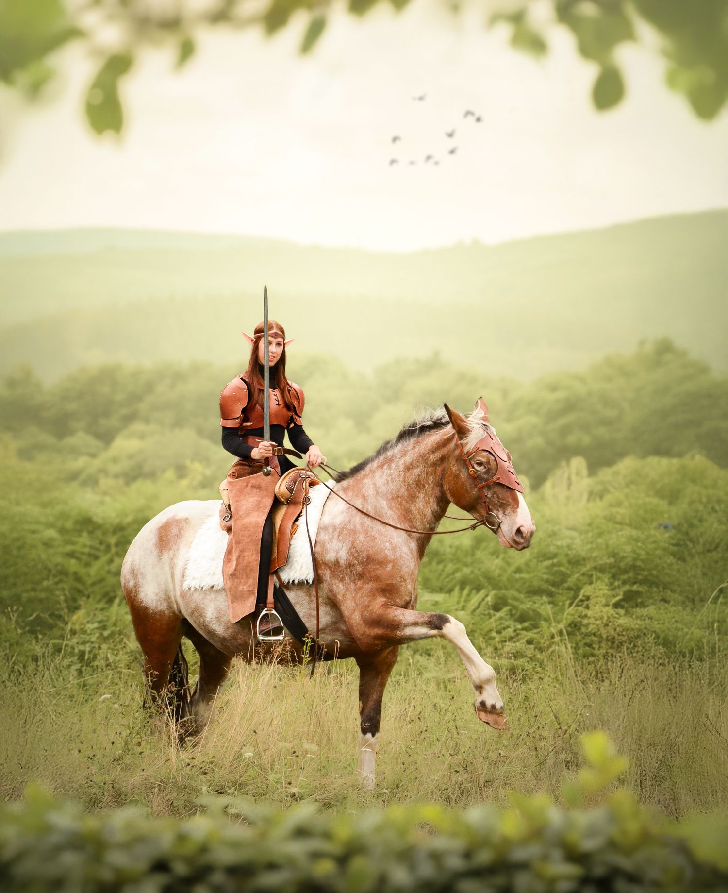 Cheval et sa cavalière avec armure médiéval décor montagneux et féerique