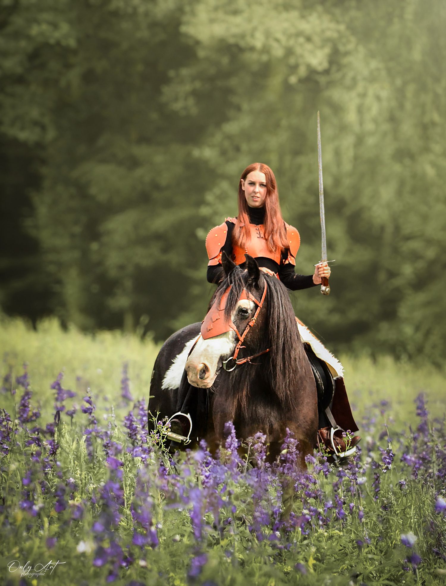 Cavalière montant son cheval dans les hautes herbes fleuri, regard tourné vers la gauche