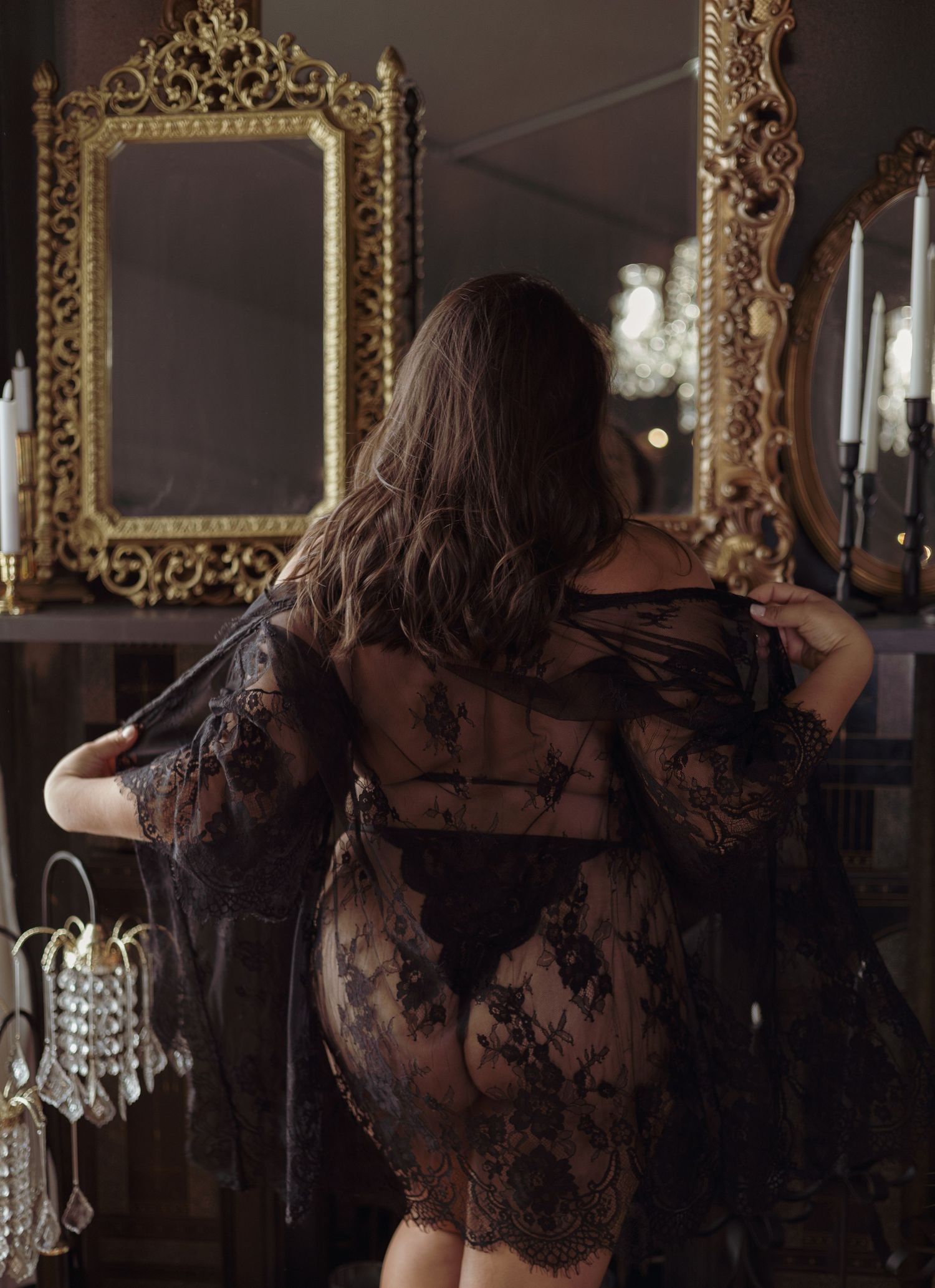 Sequence of five photos showing someone in black lace posing against gold-framed mirrors in dim lighting.