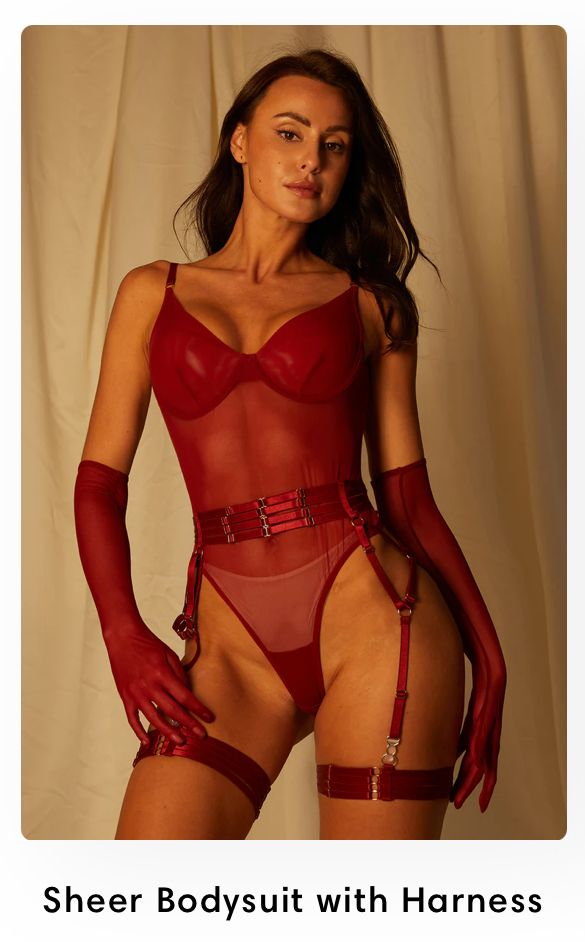 Red sheer mesh bodysuit with matching long gloves and harness belt lingerie set in warm moody lighting.