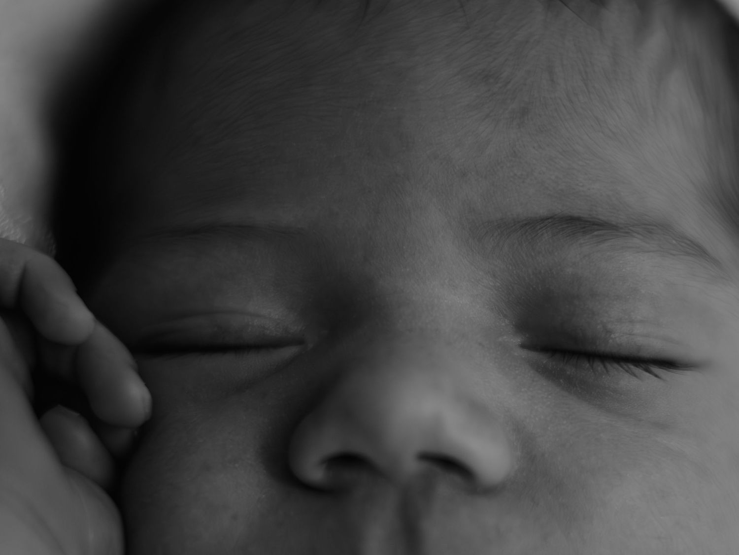 Close-up black and white portrait showing a sleeping infant's peaceful expression.