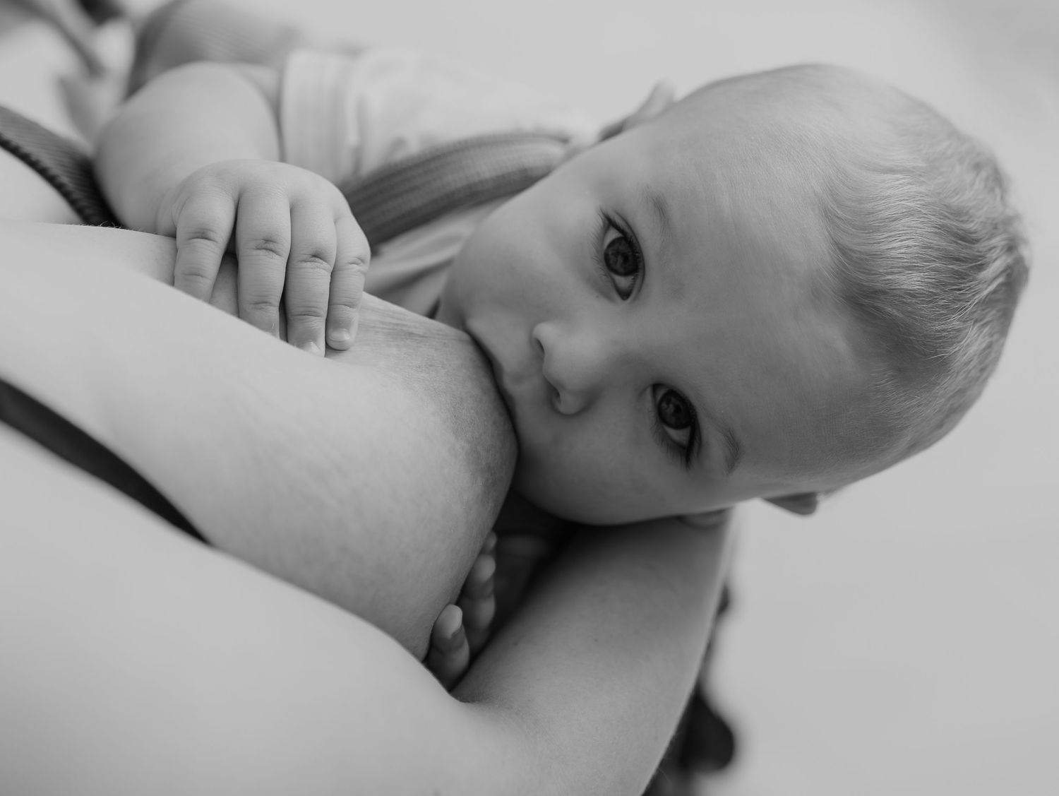 A close-up black and white shot of an infant nursing while gazing at the camera with wide eyes.