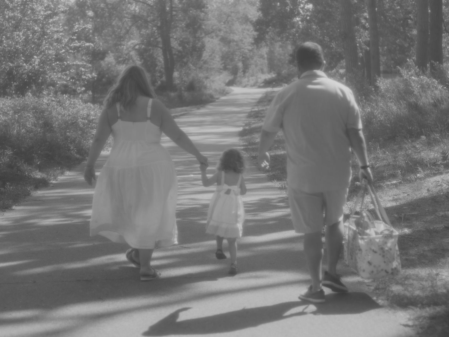 People walking along a tree-lined path in a park on a sunny day, captured in black and white.