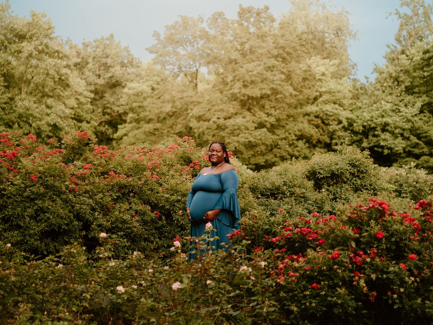 A figure in a blue dress stands surrounded by vibrant red rose bushes in a lush garden setting.