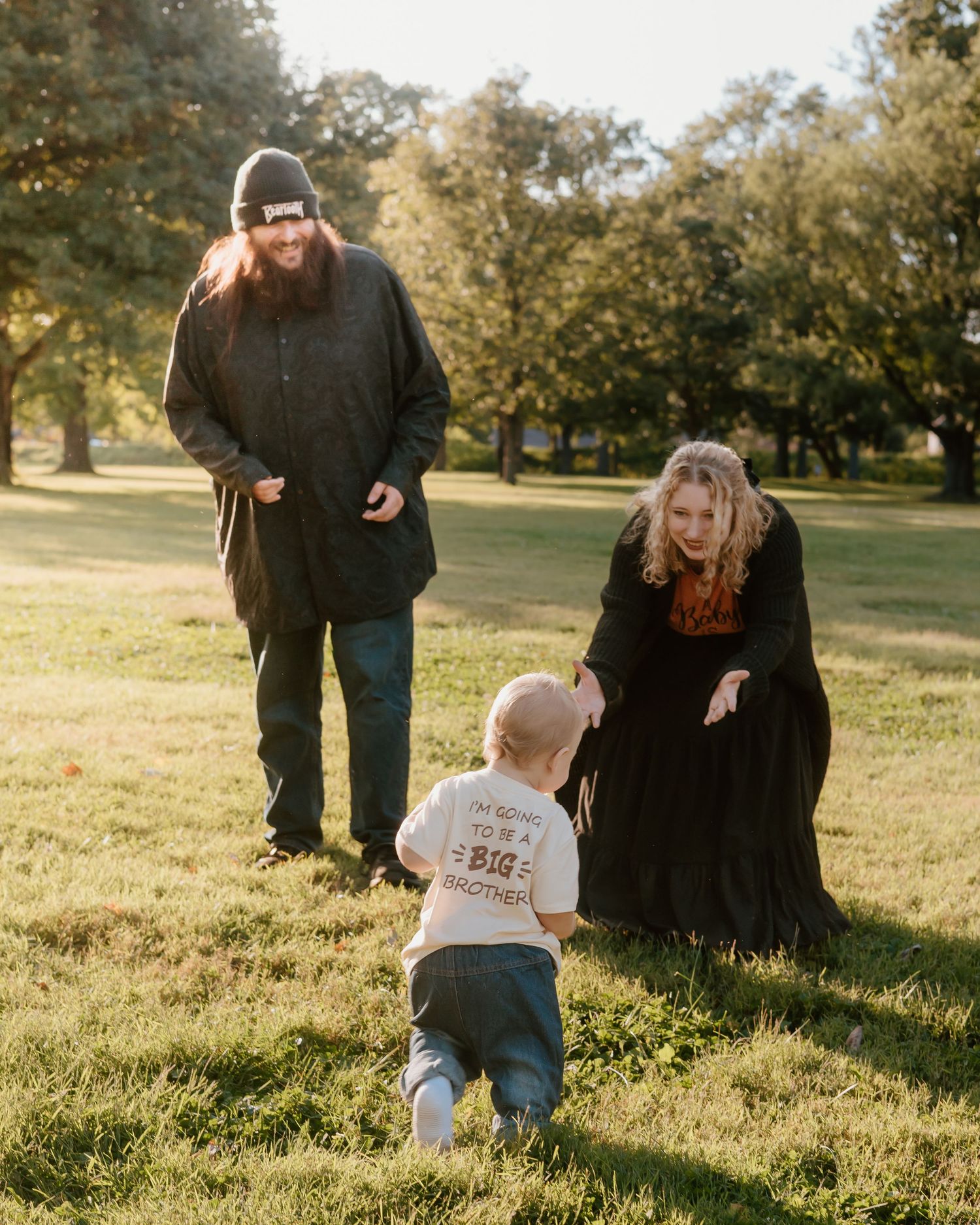 A collection of playful outdoor family photos taken in a grassy field during golden hour.