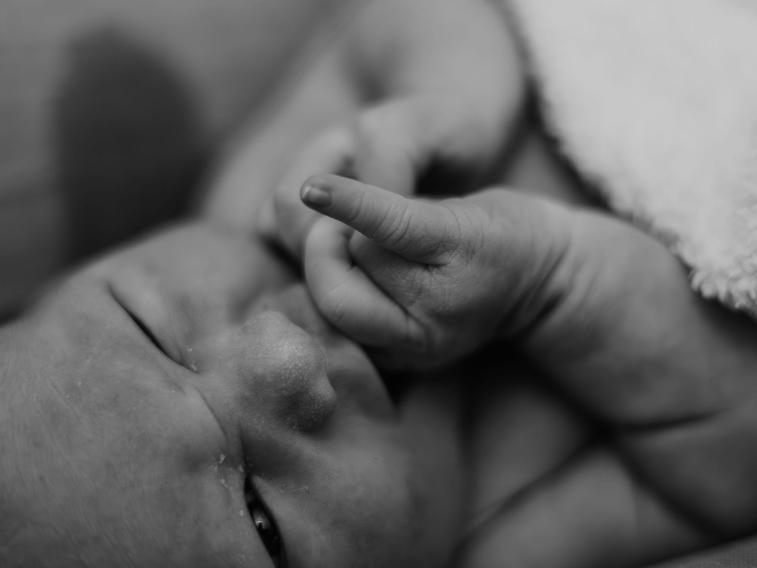 A close-up black and white photo showing a baby's hand gently grasping an adult's finger.