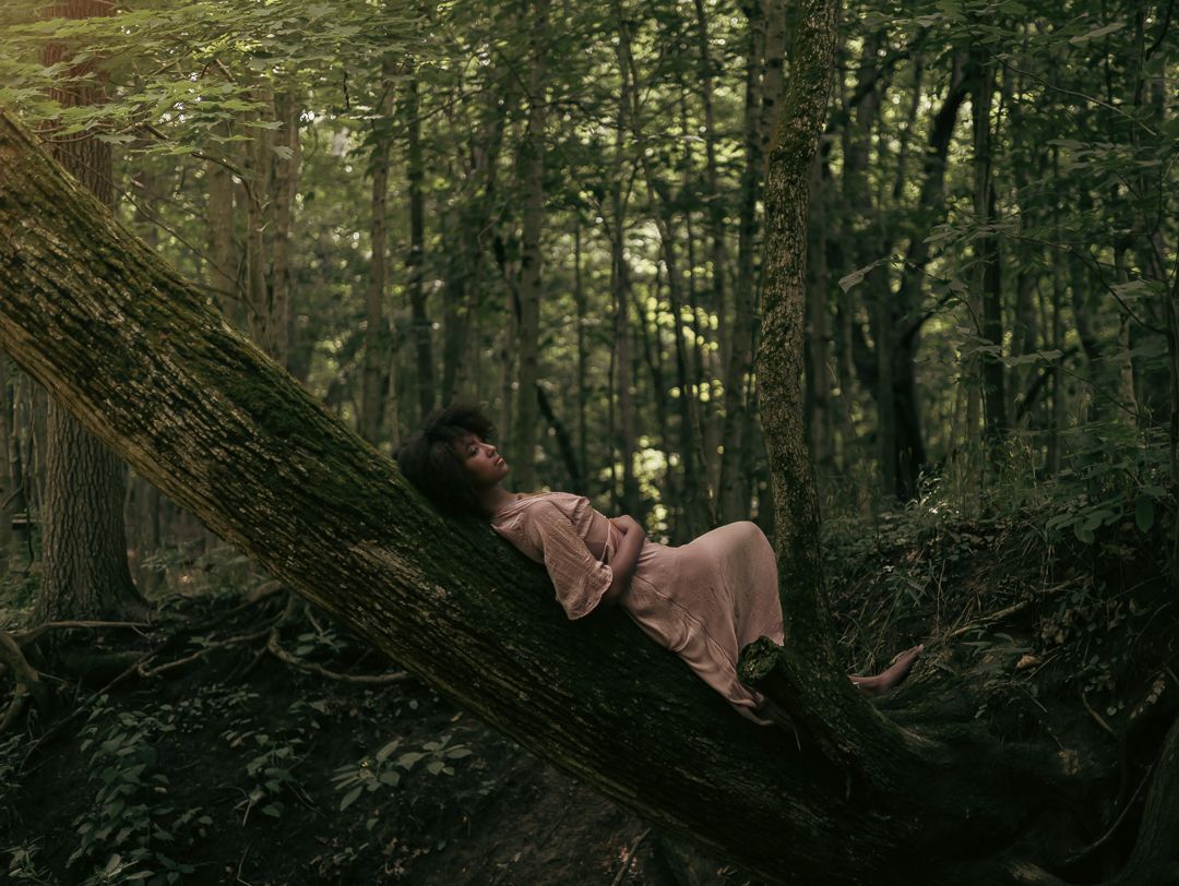 Three artistic photos showing a brown draped fabric flowing in a lush green forest setting.
