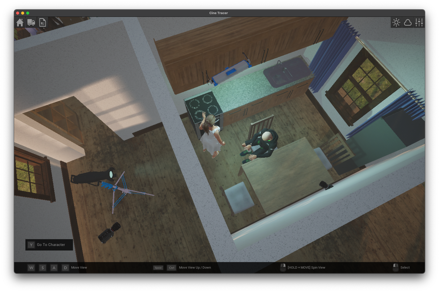Top-down view of a surveillance or security camera footage showing a corridor or interior space.