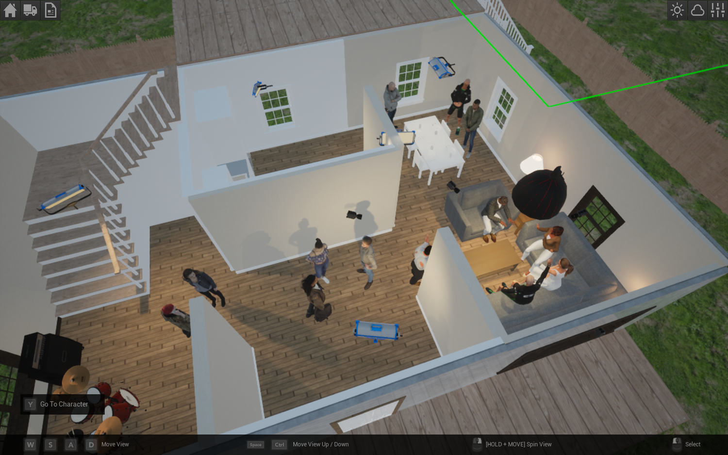 3D digital rendering of an open floor plan office space with wooden floors, desks, chairs and exit stairways.