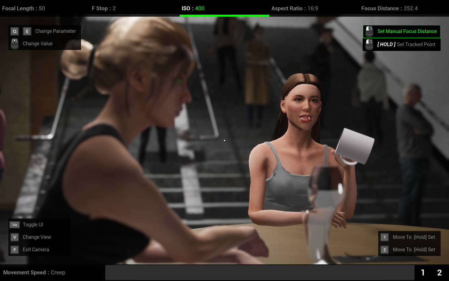 Two people sit at a desk in what appears to be an interview or conversation scene from a video game or digital animation.