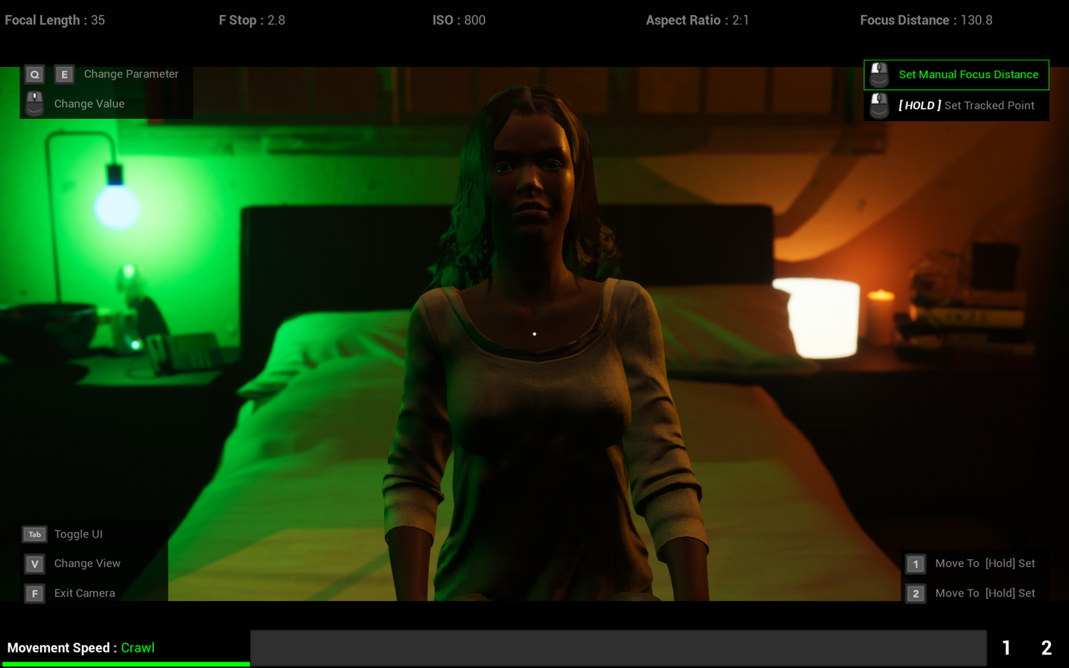 A figure stands in a darkly lit room with dramatic green and amber lighting creating an atmospheric mood.