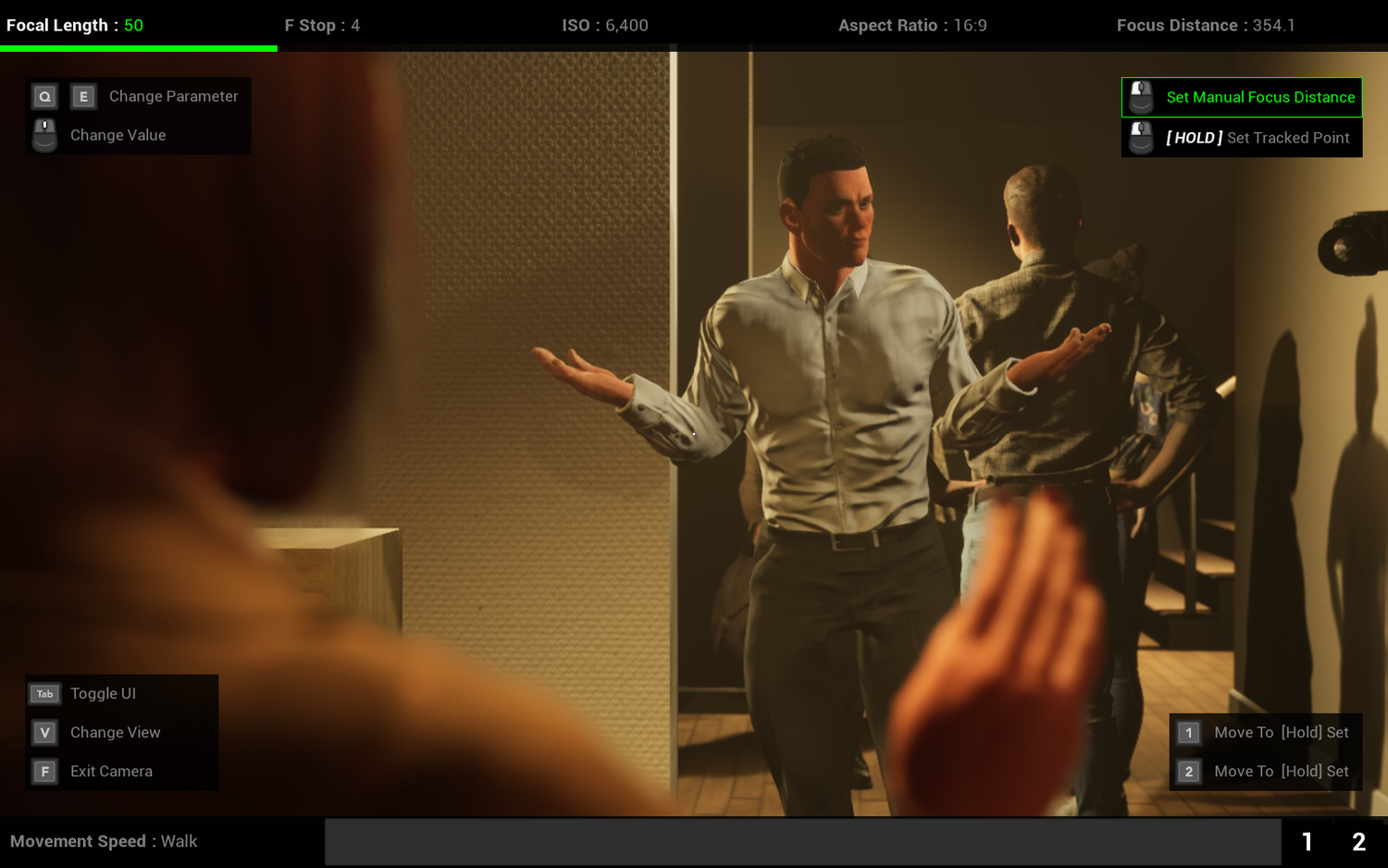Film stills show a dark atmospheric sequence in a dramatic indoor scene with warm lighting tones.