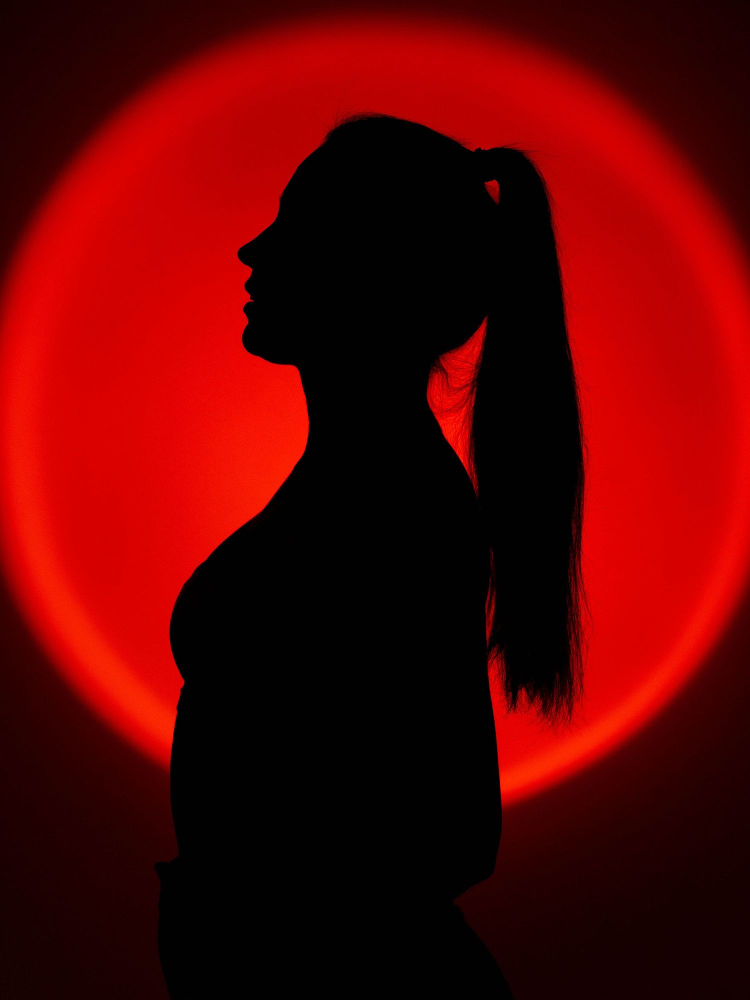 Silhouette profile figure with long ponytail stands against dramatic glowing red circular background.