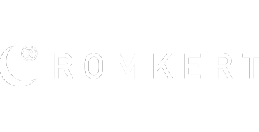 Minimalist white logo for Romkert with crescent moon symbol.