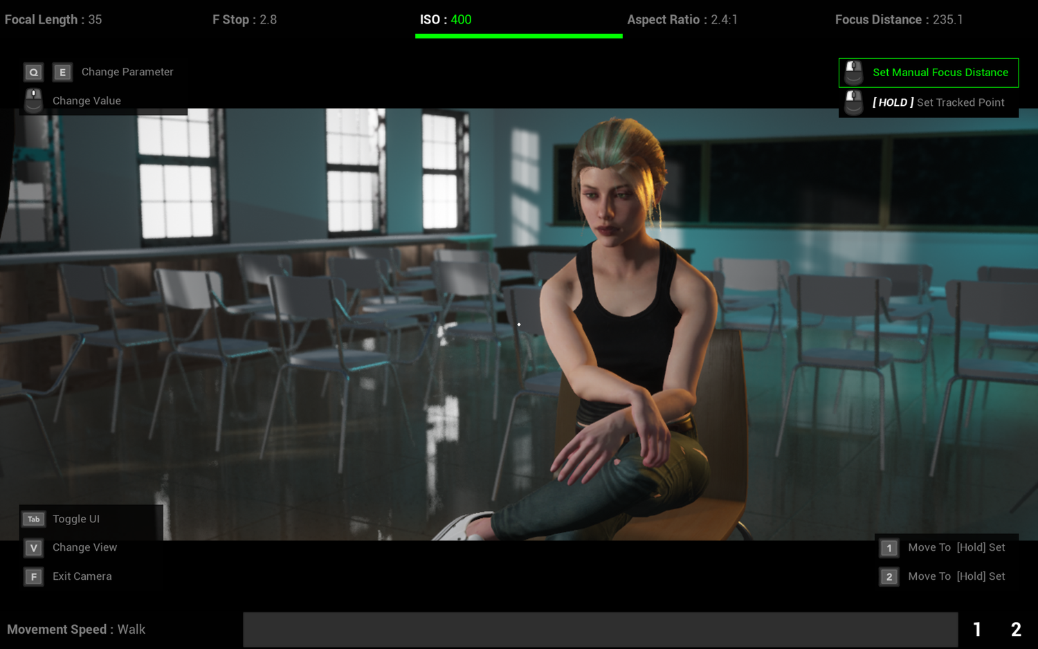 User playing a video game on multiple screens in a dark room with ambient lighting and reflective surfaces.