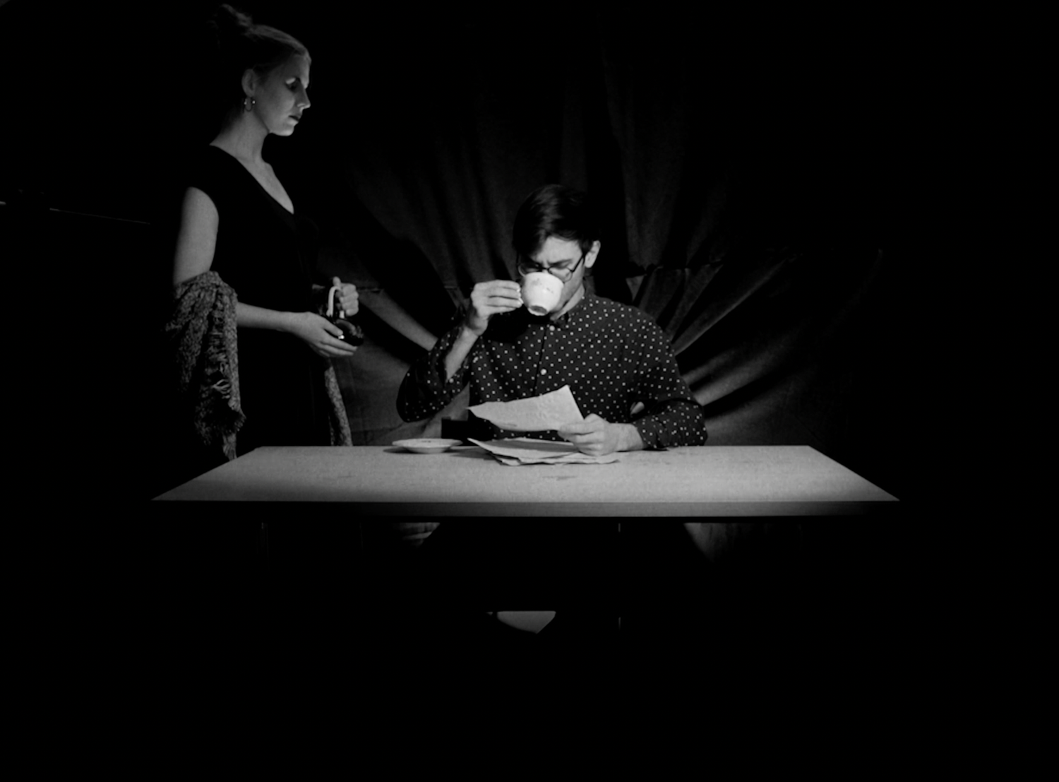 Film noir style scene of interrogation at a table with dramatic lighting and shadows in black and white.