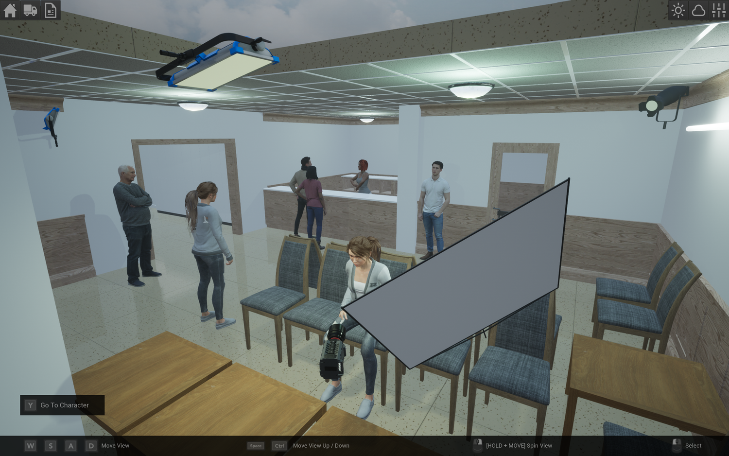 3D rendered interior views of an office space showing minimalist design with white walls and wooden tables.