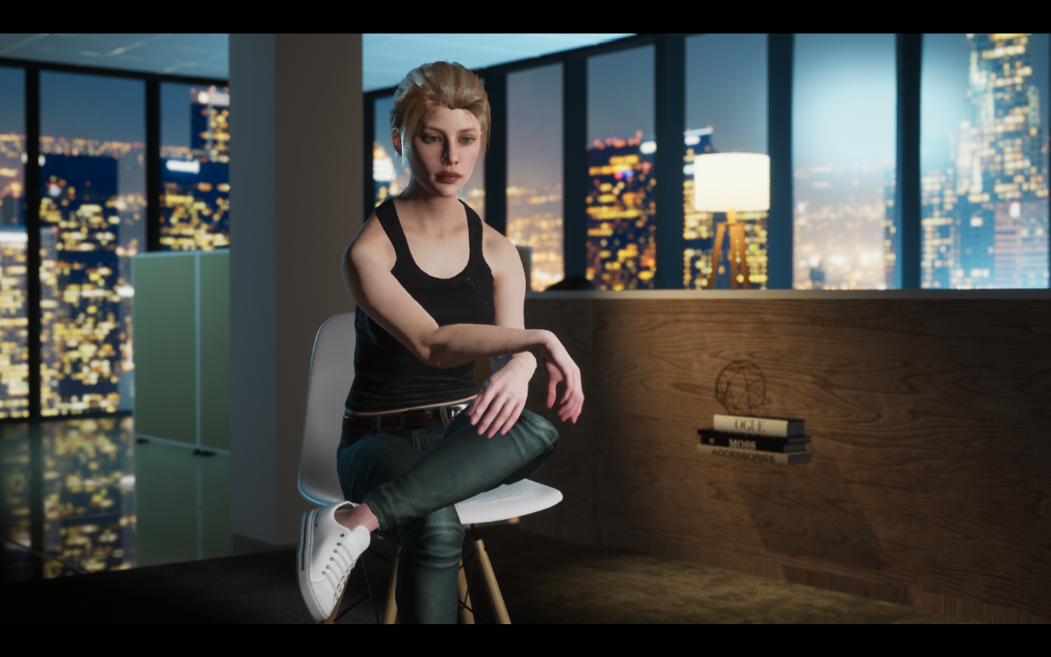 A dancer performs a graceful pose in a modern dance studio with city lights visible through large windows in the background.