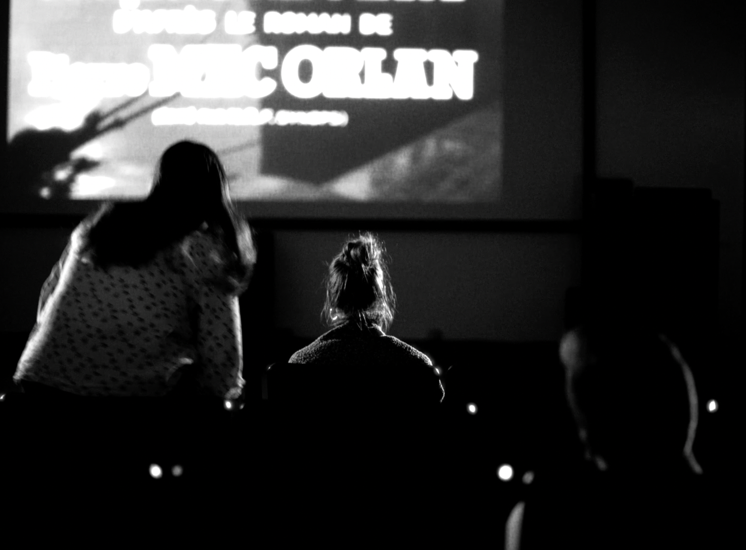 Silhouettes of people watching a projected screen in a dark theater or cinema room.