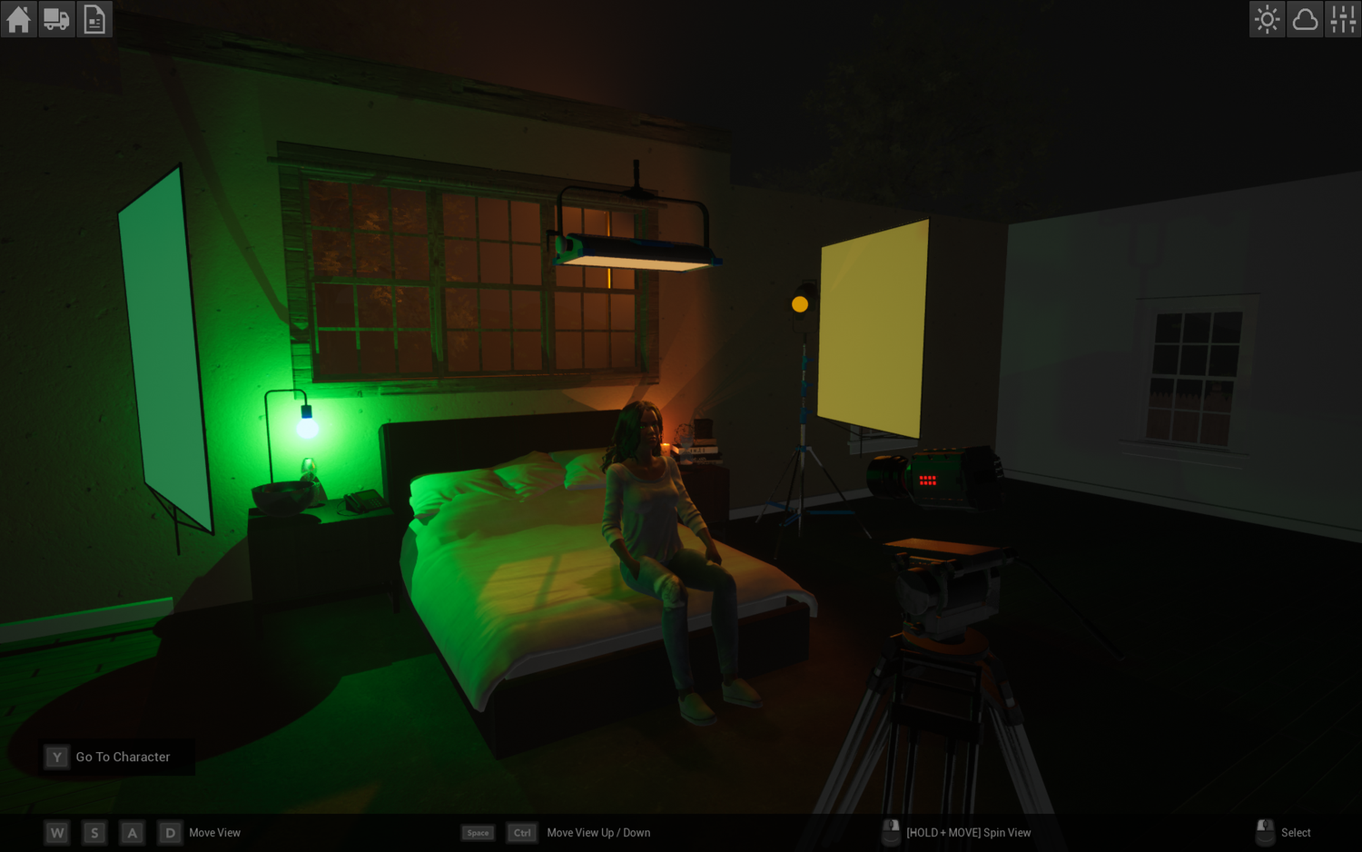 Multicolor LED lights illuminate a dark room creating a vibrant green and yellow atmospheric effect.