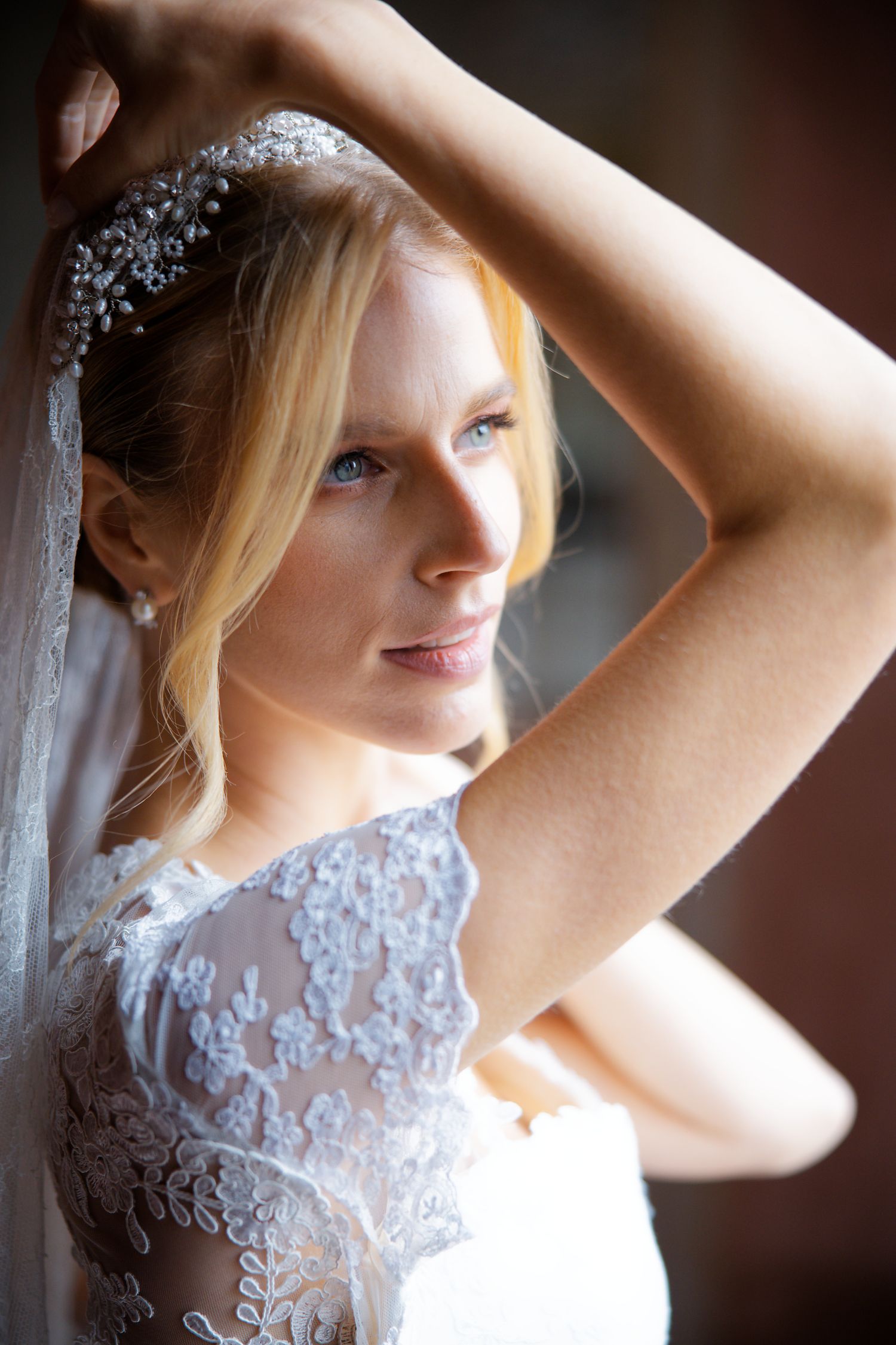 Close-up portrait of bride wearing crystal headpiece and delicate lace gown.