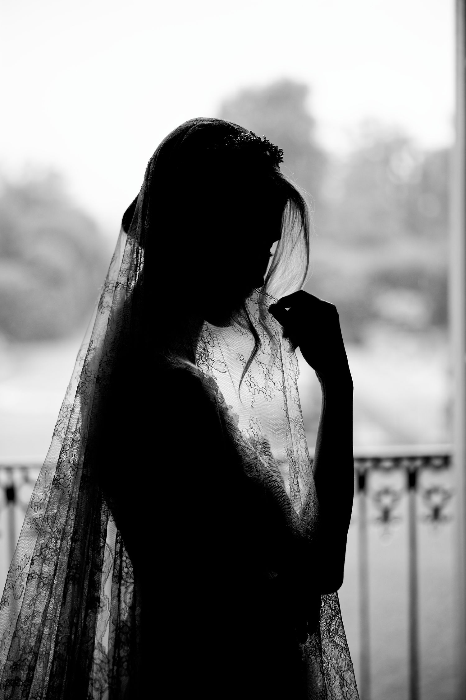Artistic silhouette of bride in veil against soft background.