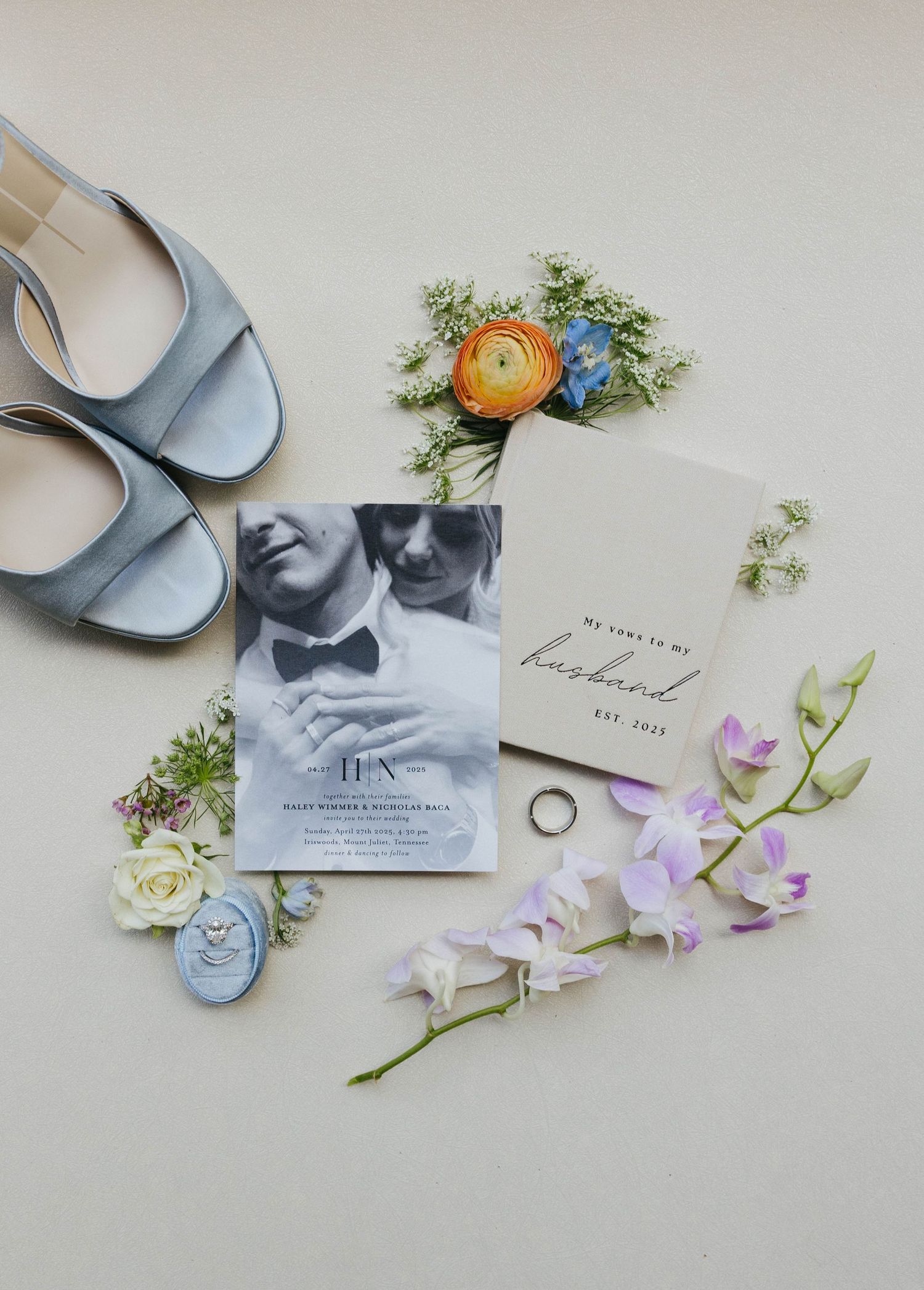 bride and groom flat lay details