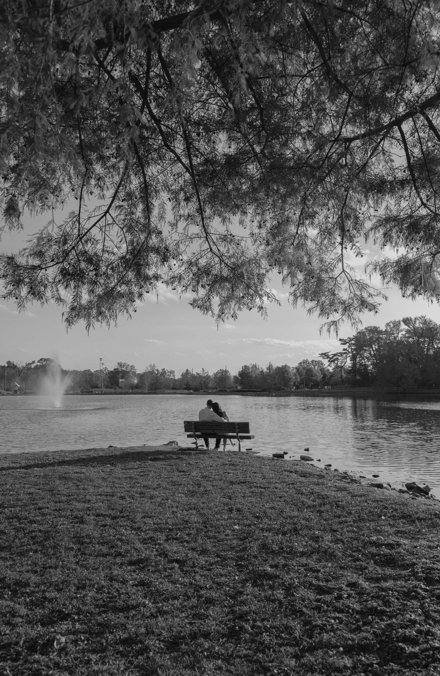 Birmingham Alabama Photographer capturing an engagement session of a couple smiling on a bench in a park by a lake in Nashville Tennessee