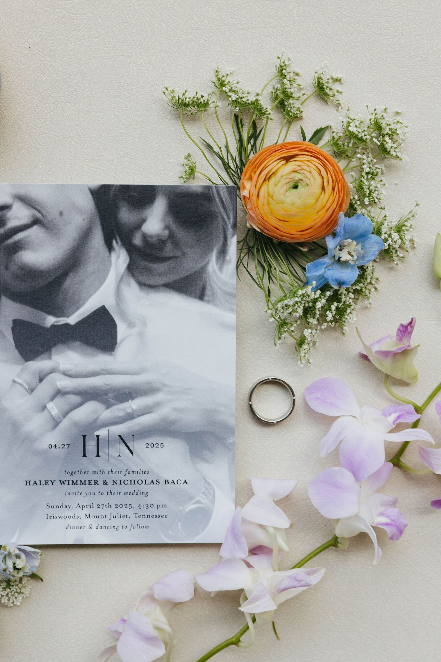 flat lay of bride and groom details