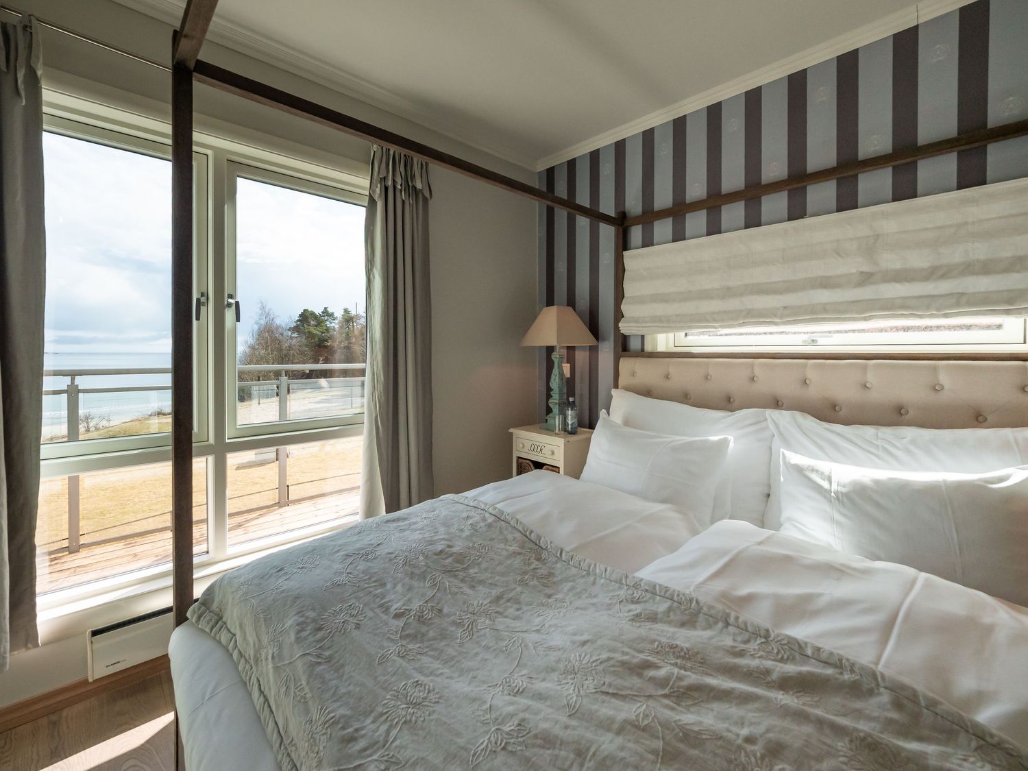 Interiørfotografi – moderne hotellrom på Strand Hotel Fevik med naturlig lys og fjellutsikt