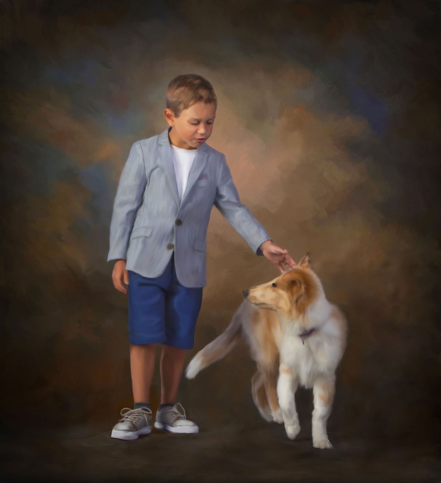 A young boy in a gray blazer gently pets a Collie dog in a classic painted studio portrait.
