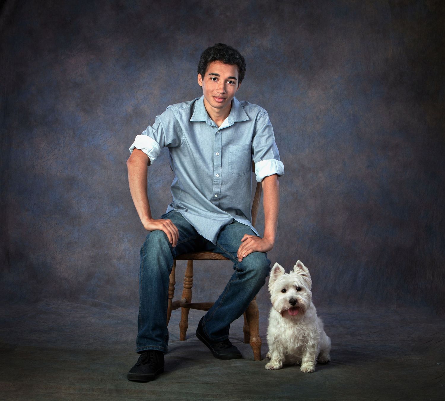 Young man in blue shirt sitting on a wooden chair beside a white West Highland Terrier dog.