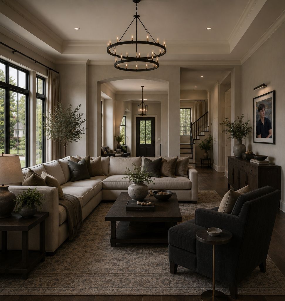 Custom framed senior portrait art styled beautifully over a living room couch in a Rochester, MI client home.