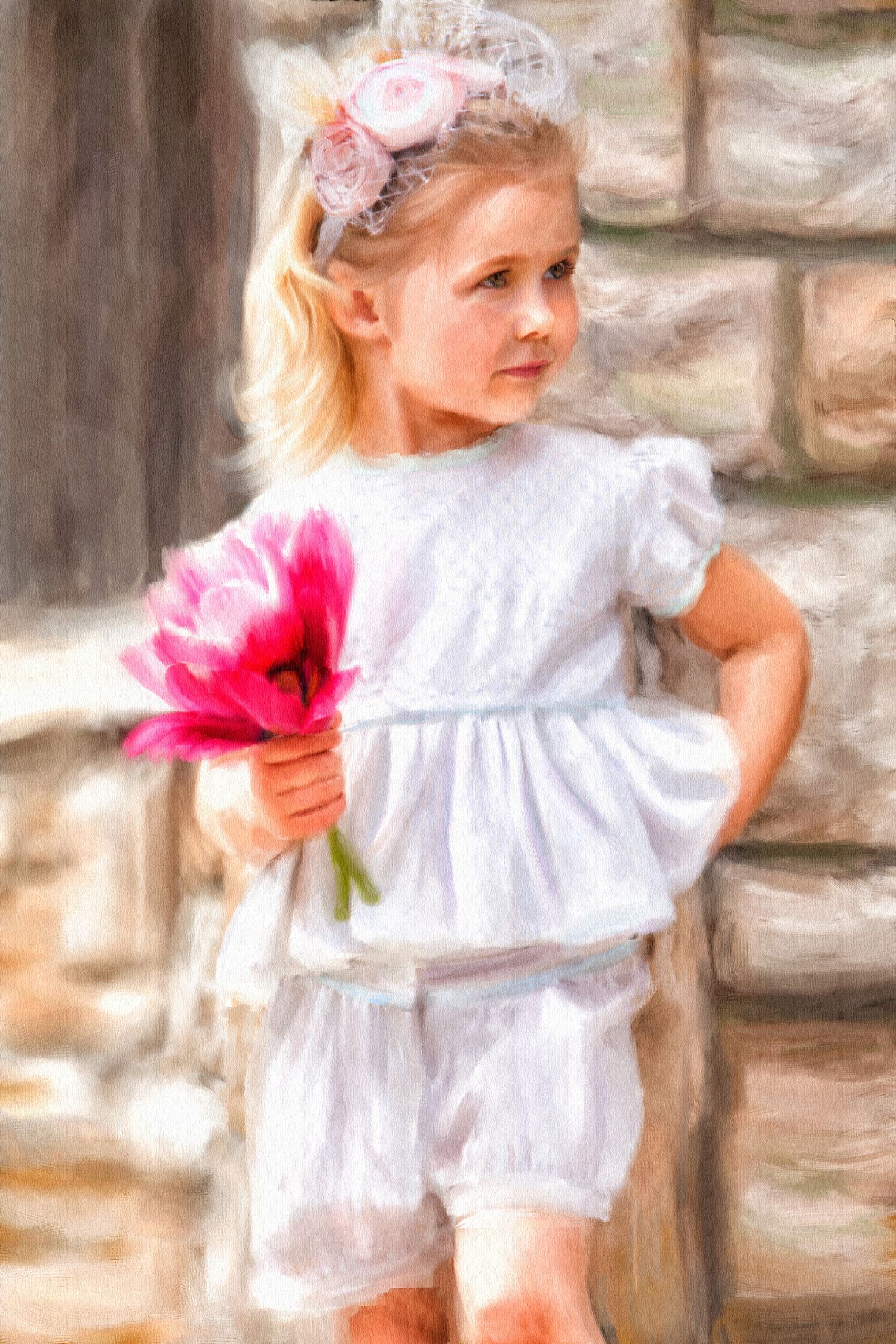 Children milestone Oil Painted Portrait session in Rochester, MI by Jocelyn M. Photography—young girl holding a pink tulip by stone wall.