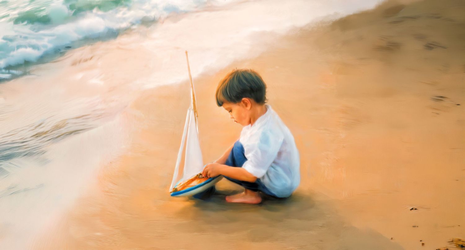 Artistic painted milestone portrait in Rochester, MI by Jocelyn M. Photography—young boy with a toy sailboat at beach.