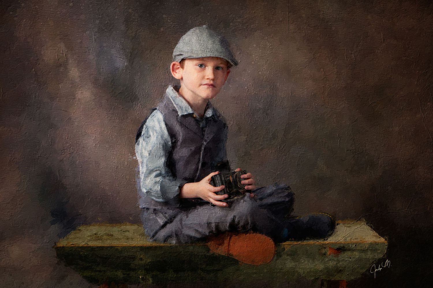 Fine art children's portrait in Rochester, MI by Jocelyn M. Photography—young boy with vintage cap and binoculars.