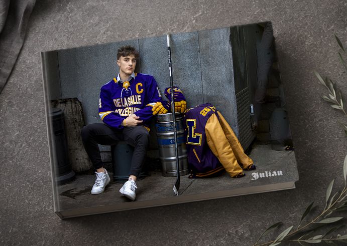 Luxury senior portrait book by Jocelyn M. Photography—custom hockey sports milestone album design serving Rochester, MI.