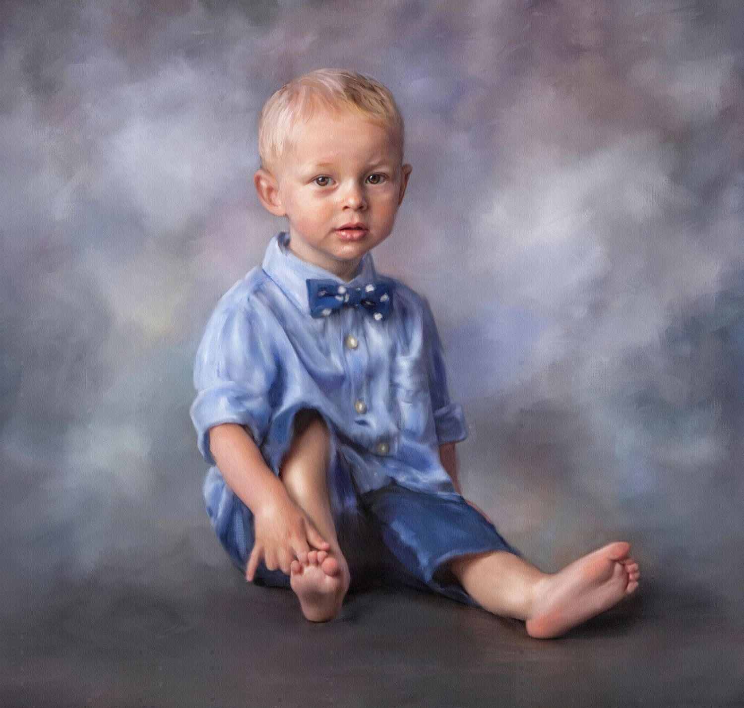 Custom oil-painted children's portrait in Rochester, MI by Jocelyn M. Photography—blonde toddler boy in blue bow tie.
