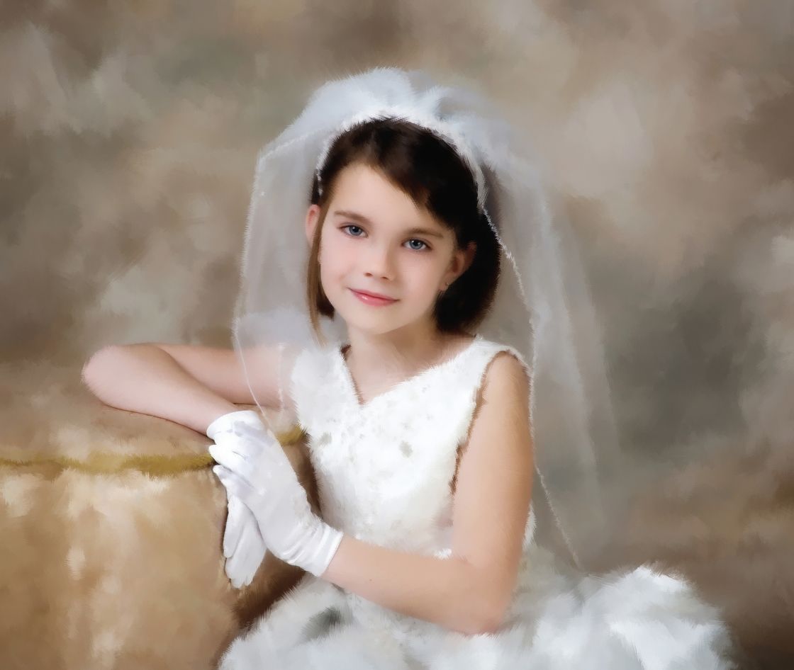 First Communion milestone portrait in Rochester, MI by Jocelyn M. Photography—young girl in white dress, veil, and gloves.