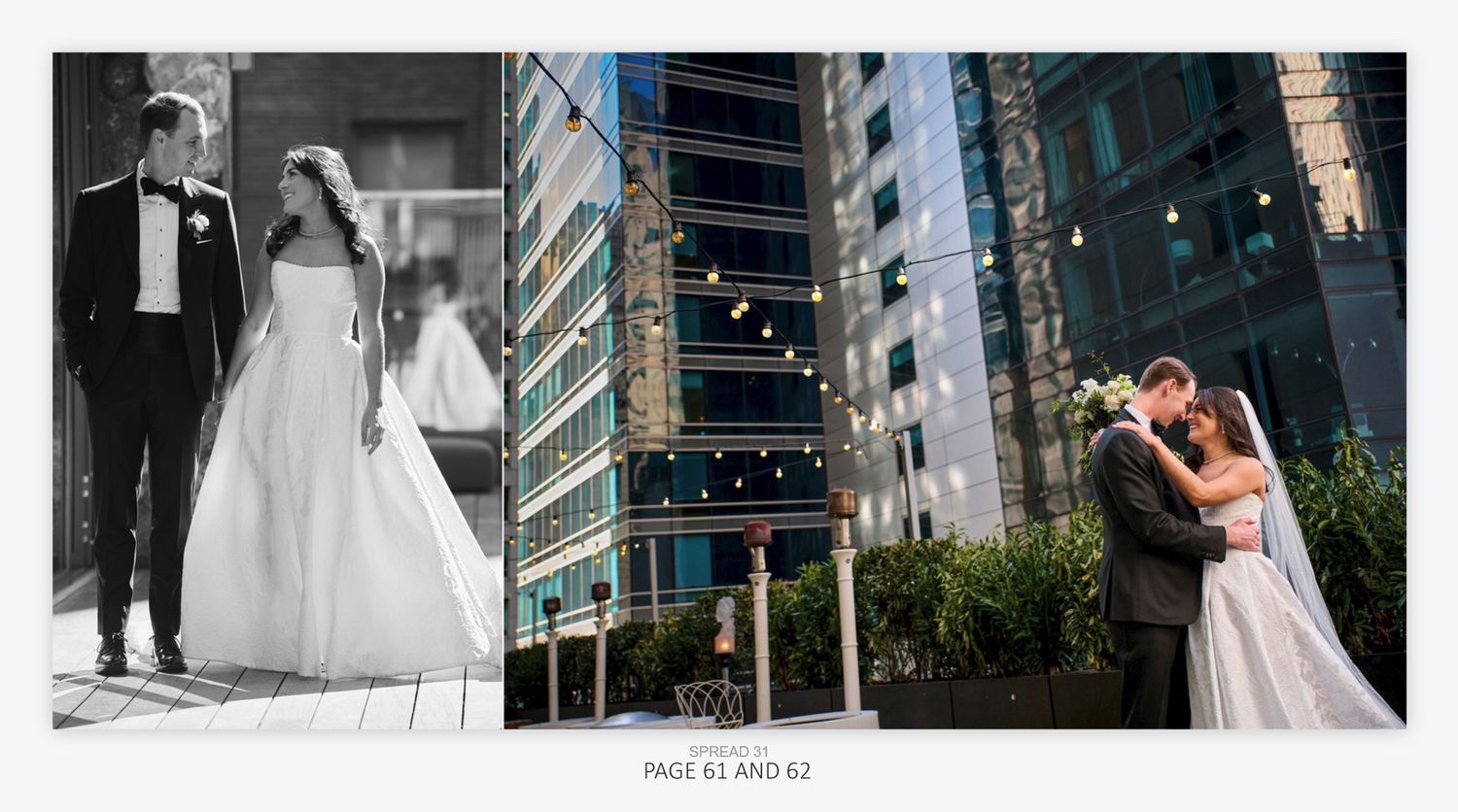Elegant wedding couple posing in black and white and color urban settings, showcasing bridal gown and tuxedo.