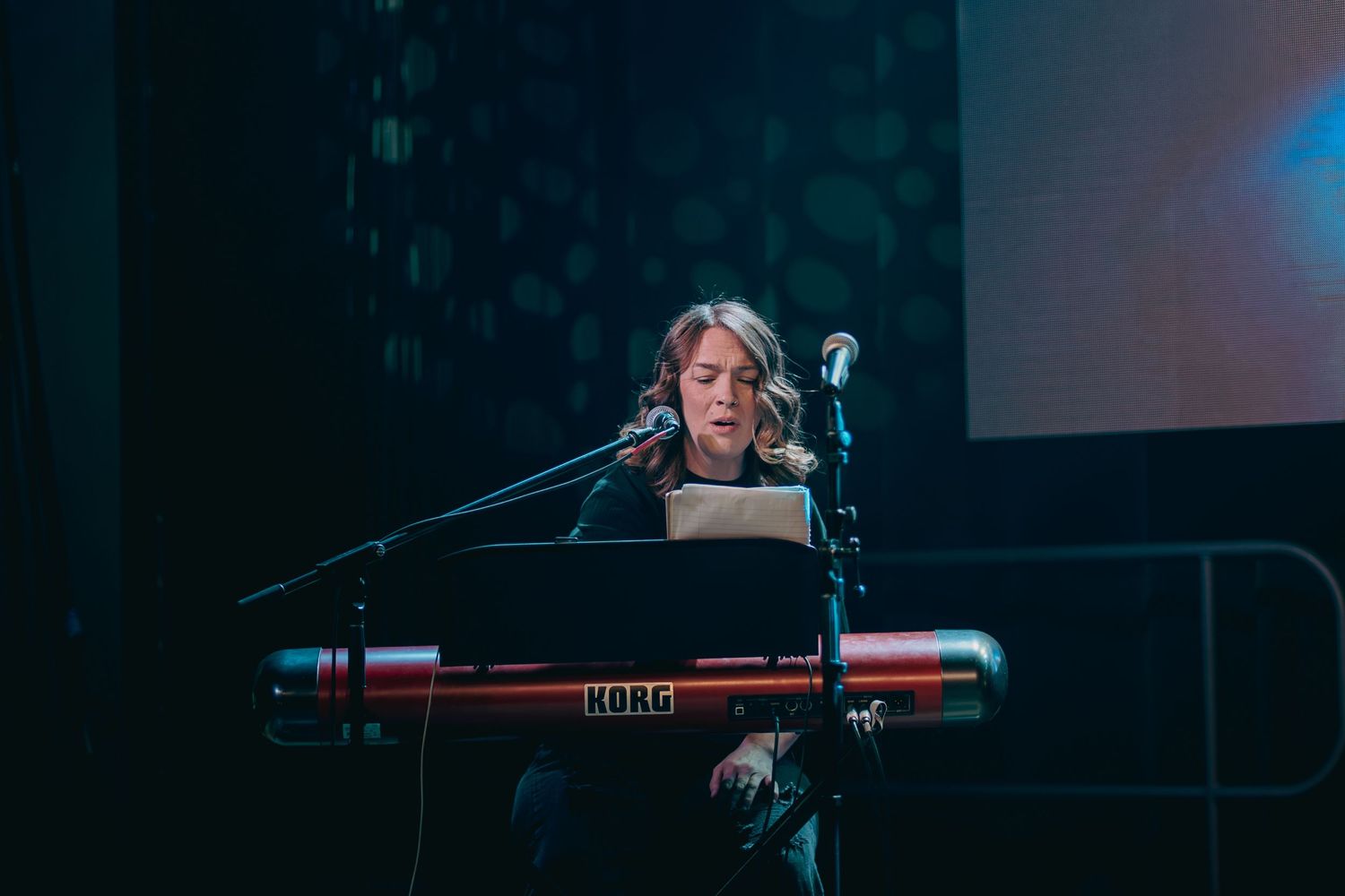 Musician performs on stage in dark lighting while playing keyboard instrument at live concert.