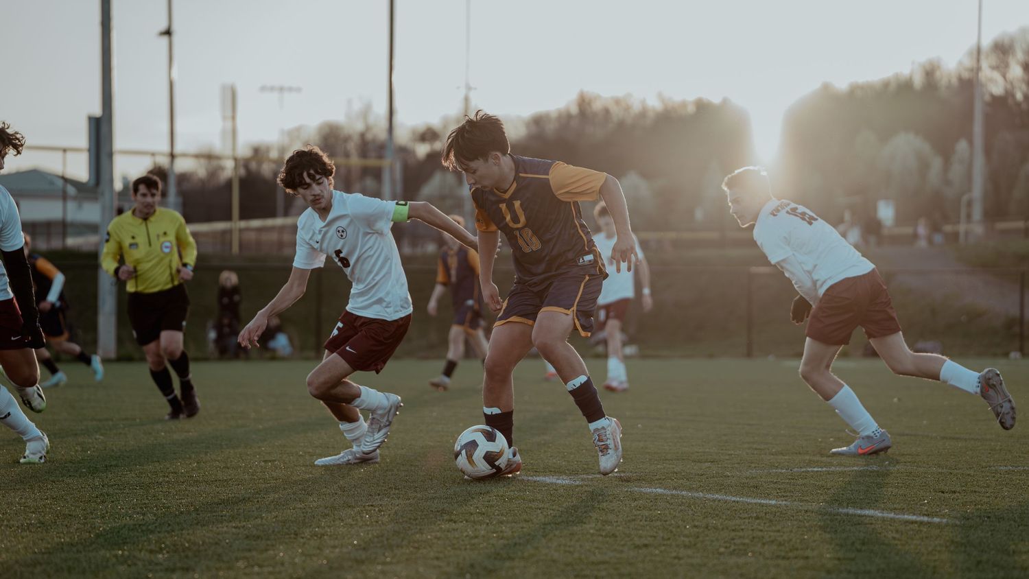 Soccer players compete for the ball during a match on a green field at golden hour sunset.