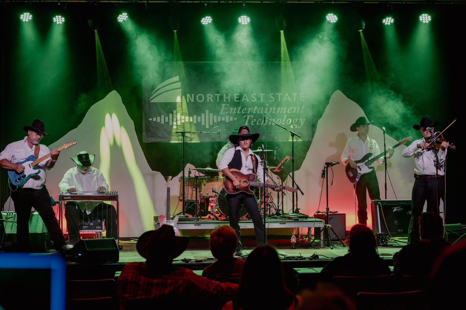 Musicians perform on stage with green lighting and geometric backdrop during live concert performance.