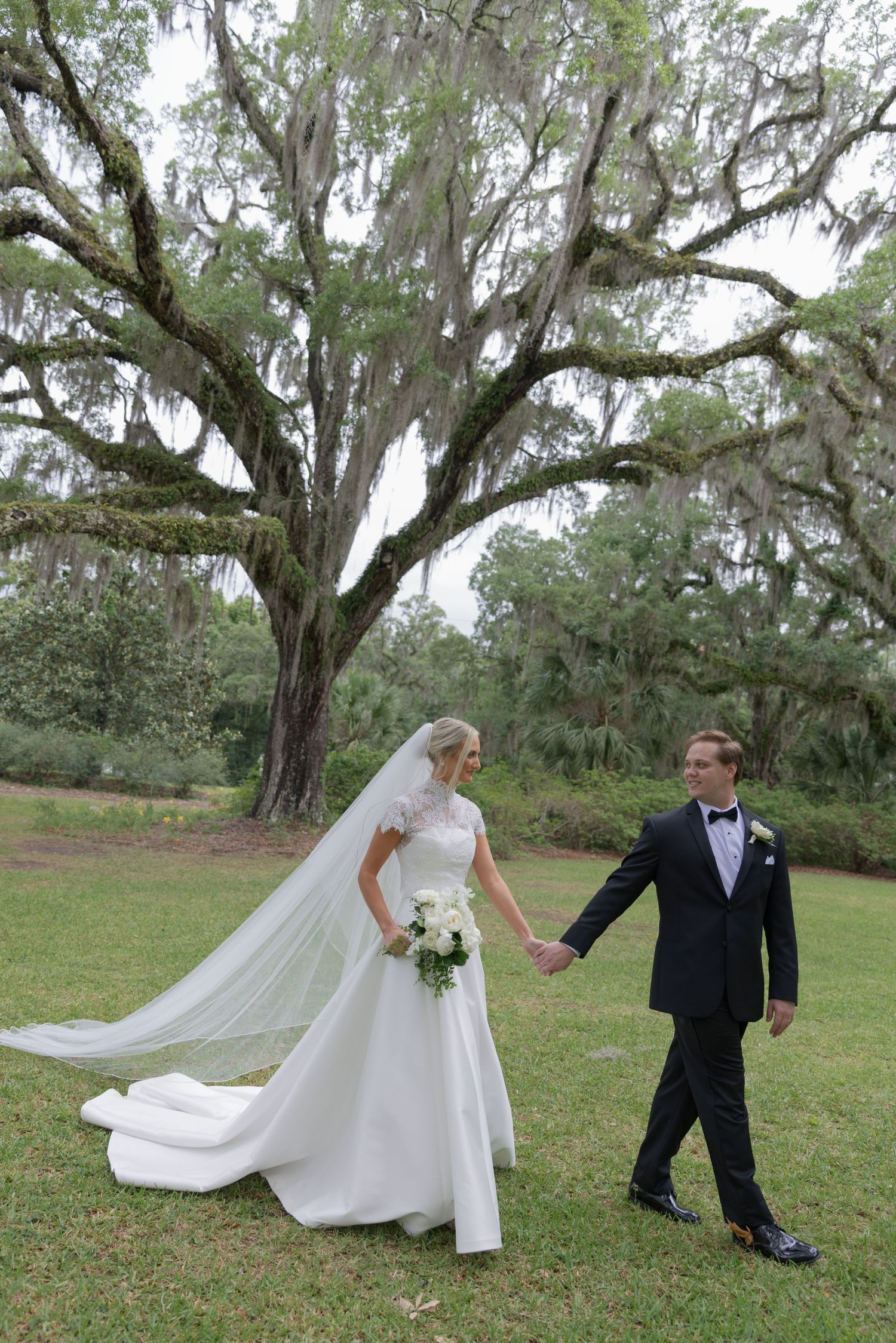 Elegant bride in cathedral veil and groom in black tuxedo stroll hand in hand under majestic Spanish moss oak tree.
