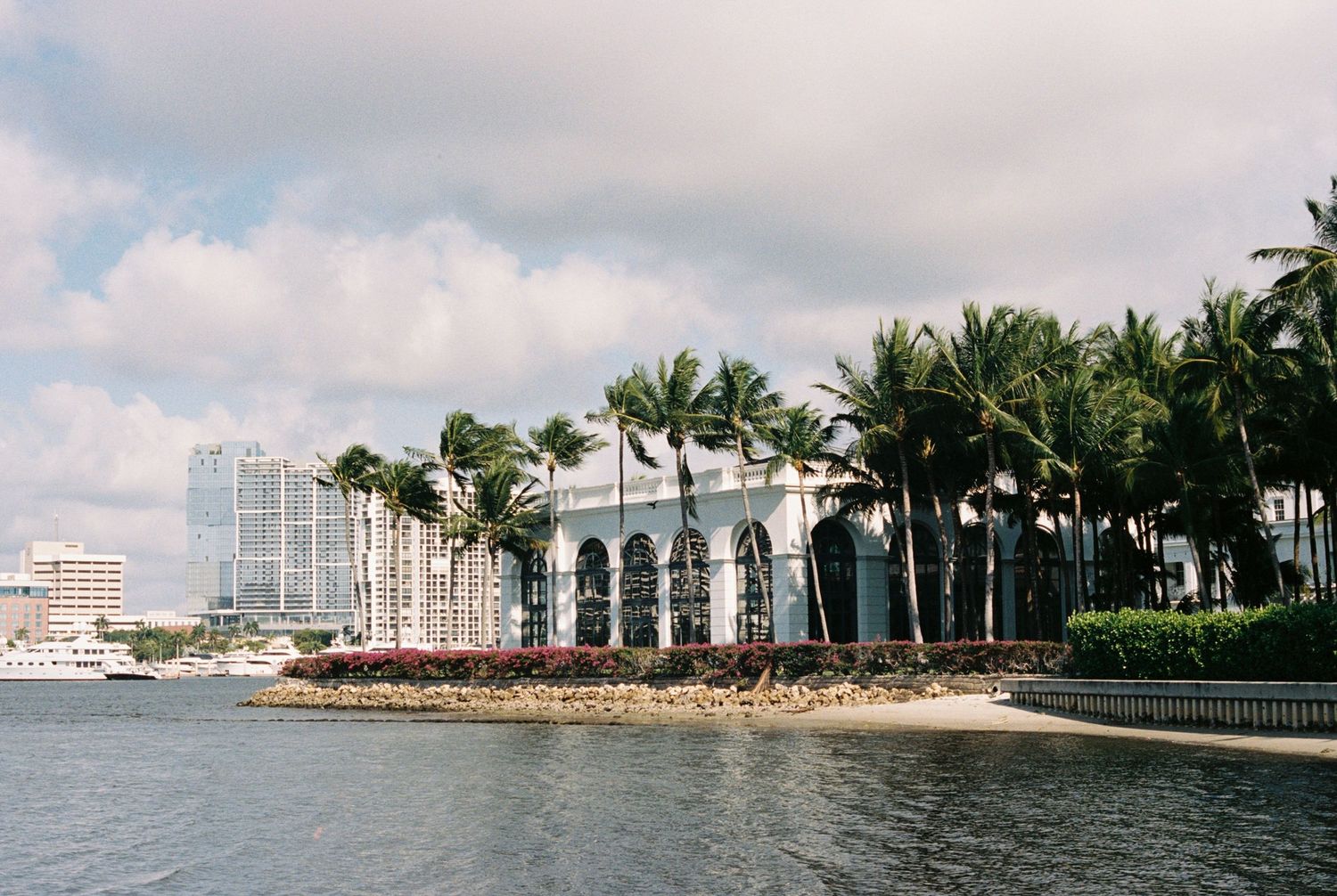White arched building with palm trees along the waterfront in Miami, with high-rise buildings in the background. palm beach flagler museum