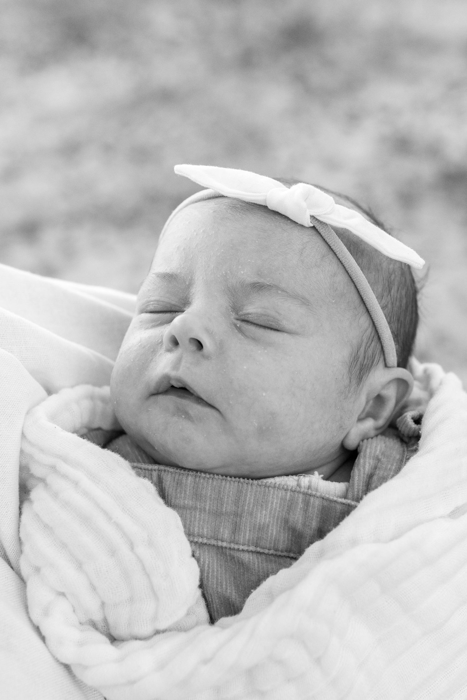 Black and white portrait of a sleeping newborn baby girl wearing a white bow headband, wrapped in a soft blanket. Coffs Coast photographer.